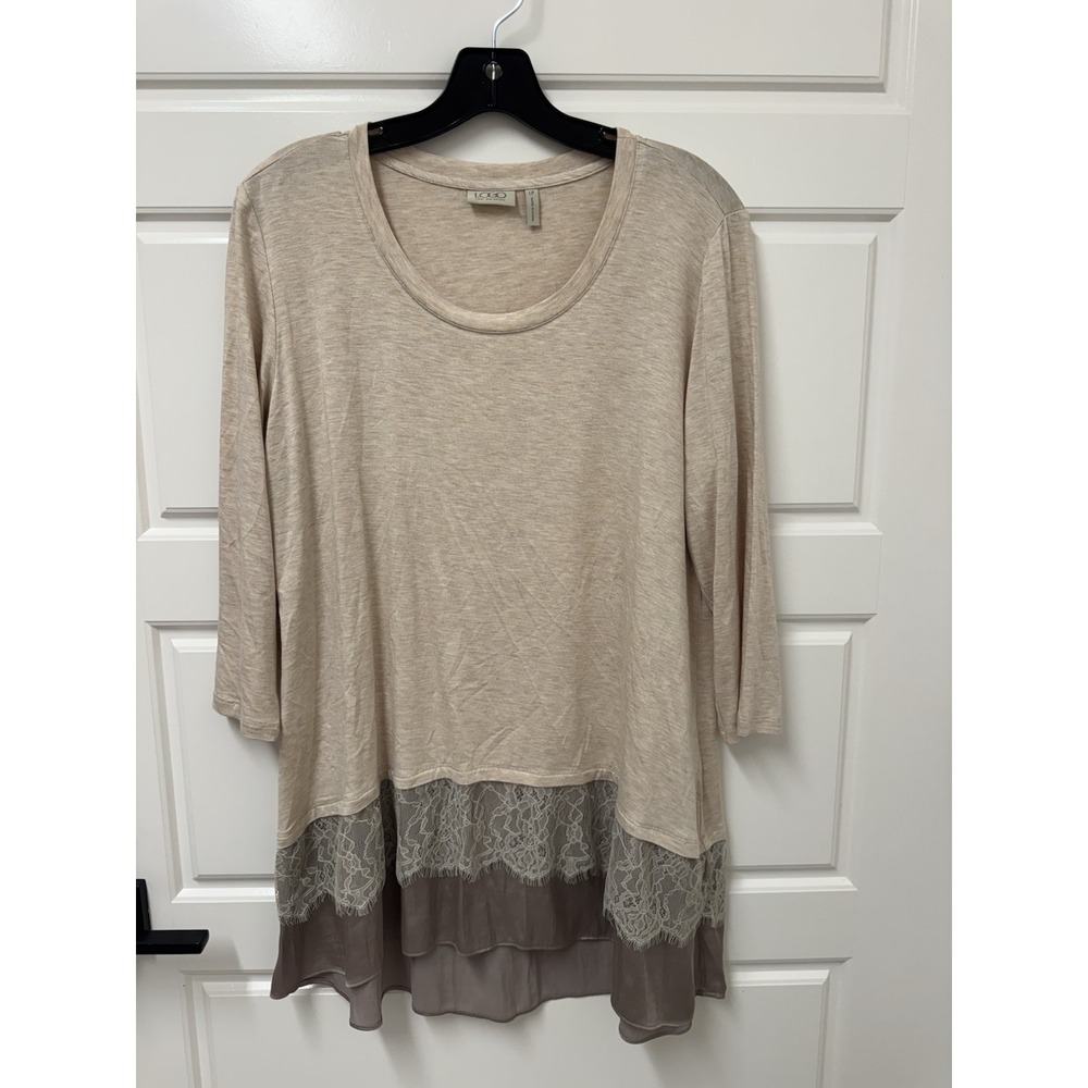 LOGO by Lori Goldstein Womens Large Hi Lo Hem Lace Chiffon Blouse Beige A3